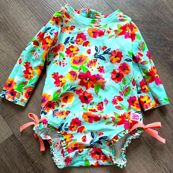 RuffleButts Baby/Toddler Girls Long Sleeve One Piece Swimsuit - Painted Flowers - Picture 1 of 5